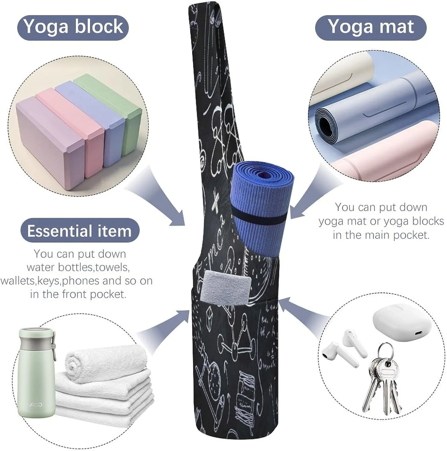 Nugier Yoga Mat Bag, Soft Canvas Storage Bag Fashion Mat Bag Pocket Shoulder Strap Clothes Dorm Organizer Print White Science Lab Objects Doodles on Chalkboard