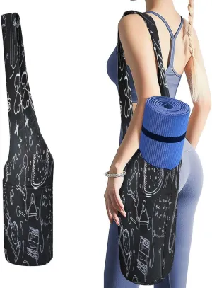 Nugier Yoga Mat Bag, Soft Canvas Storage Bag Fashion Mat Bag Pocket Shoulder Strap Clothes Dorm Organizer Print White Science Lab Objects Doodles on Chalkboard