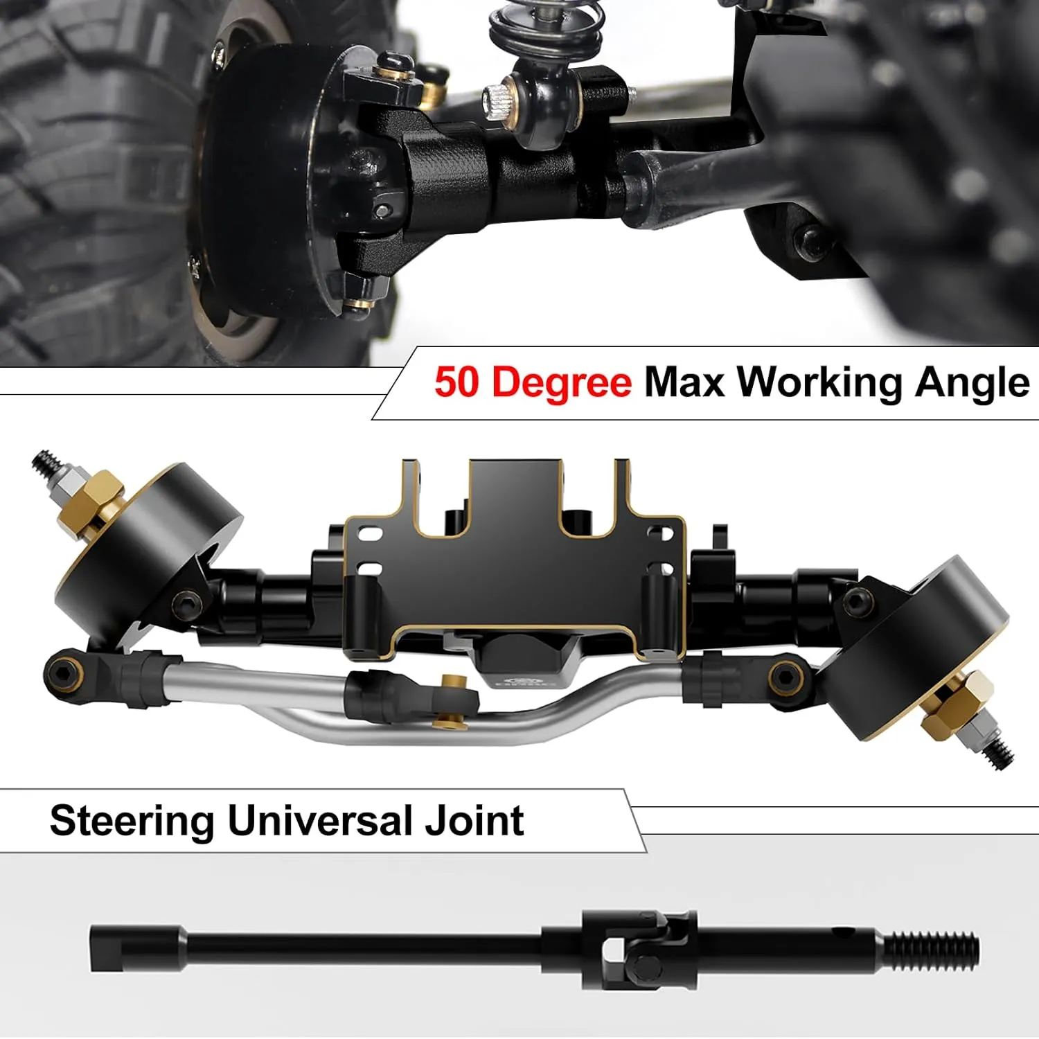 OGRC 1/24  5mm Extended Axle Set with 50° Steering Angle, Brass Knuckles, Truss & Servo Mount, Compatible with Axial SCX24 Deadbolt C10 JLU Gladiator Bronco RC Crawler (Black)