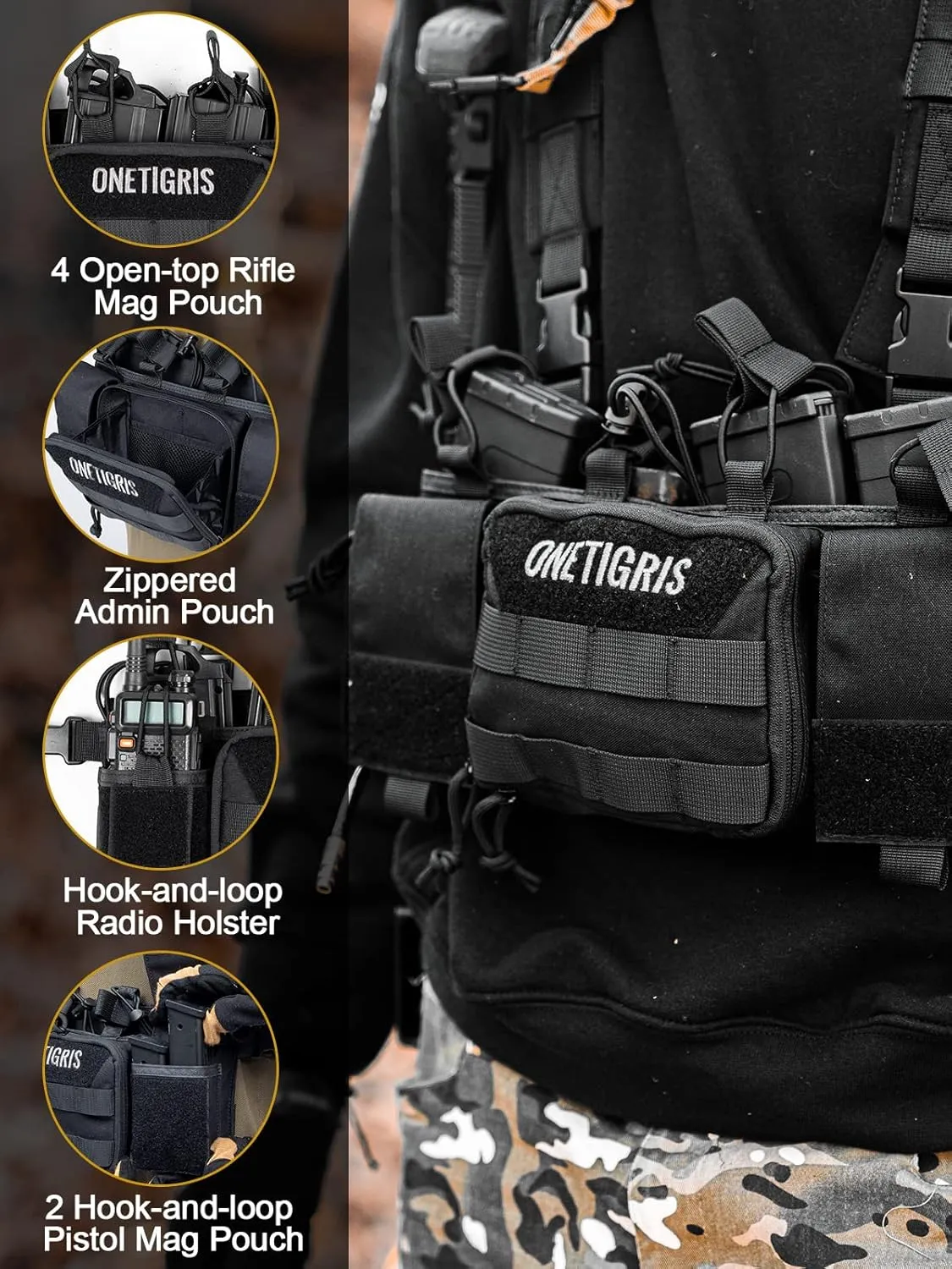 OneTigris Chest Rig, MOLLE Airsoft Chest Rigs Tactical Chest Rig Dangler Pouch Admin Pouch for Hunting Shooting Hiking
