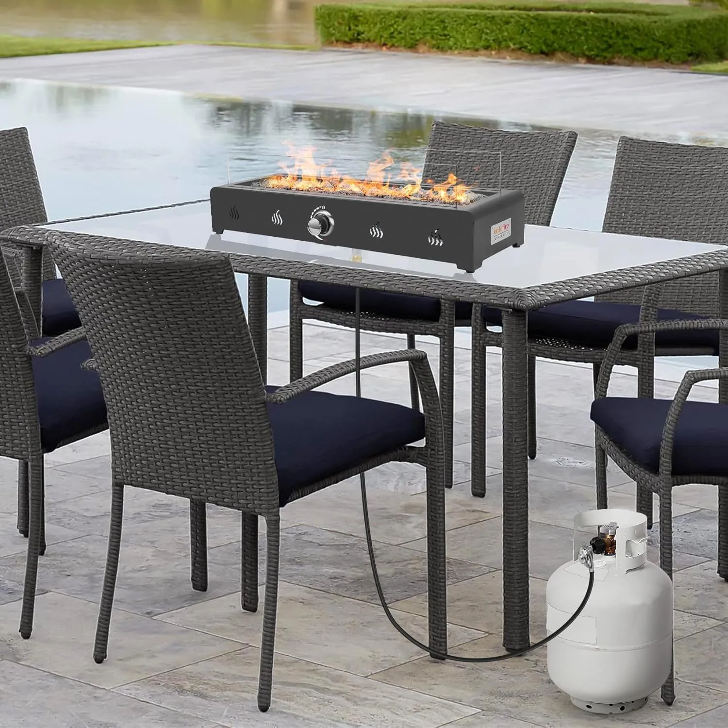 Onlyfire 28 Inch Tabletop Gas Fire Pit, Outdoor Propane Fire Pit Bottom Mounted with Glass Wind Guard and Lava Rock, Rectangular Smokeless Fire Table Indoor Outdoor Fireplace