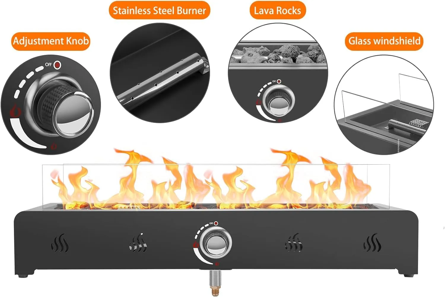 Onlyfire 28 Inch Tabletop Gas Fire Pit, Outdoor Propane Fire Pit Bottom Mounted with Glass Wind Guard and Lava Rock, Rectangular Smokeless Fire Table Indoor Outdoor Fireplace
