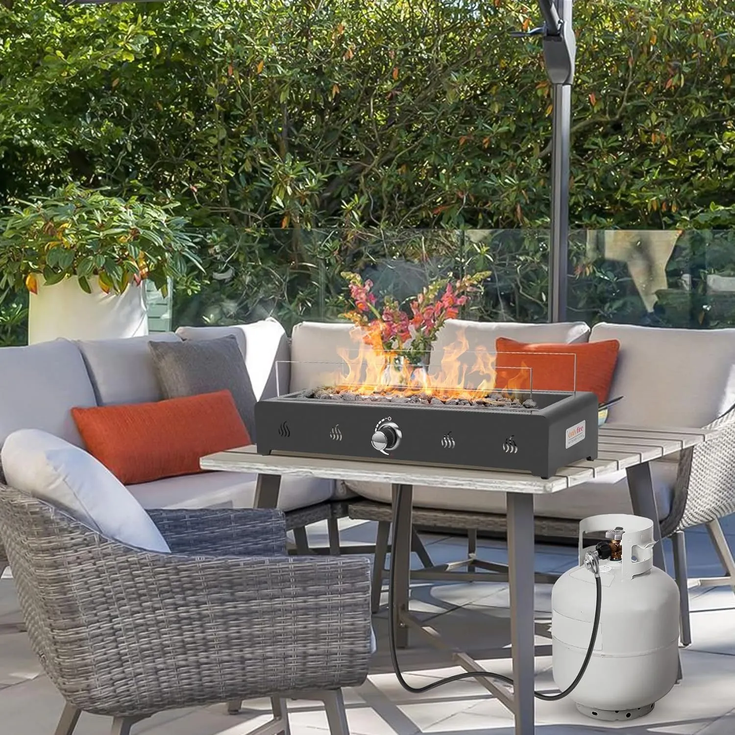 Onlyfire 28 Inch Tabletop Gas Fire Pit, Outdoor Propane Fire Pit Bottom Mounted with Glass Wind Guard and Lava Rock, Rectangular Smokeless Fire Table Indoor Outdoor Fireplace