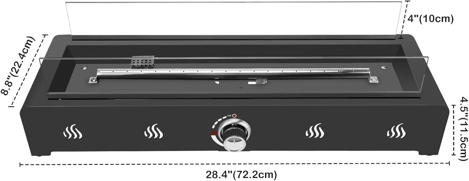 Onlyfire 28 Inch Tabletop Gas Fire Pit, Outdoor Propane Fire Pit Bottom Mounted with Glass Wind Guard and Lava Rock, Rectangular Smokeless Fire Table Indoor Outdoor Fireplace