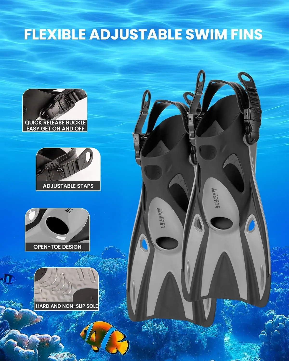 OutdoorMaster Mobula Snorkeling Gear for Adults,Mask Fins Snorkel Set with Panoramic View Anti-Fog, Dry Top Scuba Gear for Swimming Snorkeling Diving