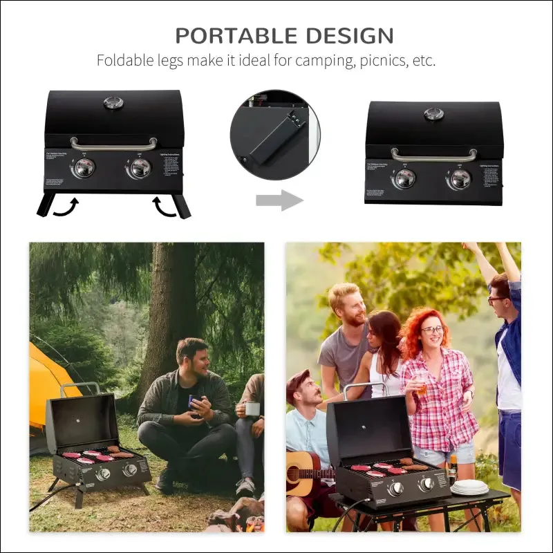 Outsunny 2 burner propane gas grill outdoor portable tabletop bbq with foldable legs, lid,