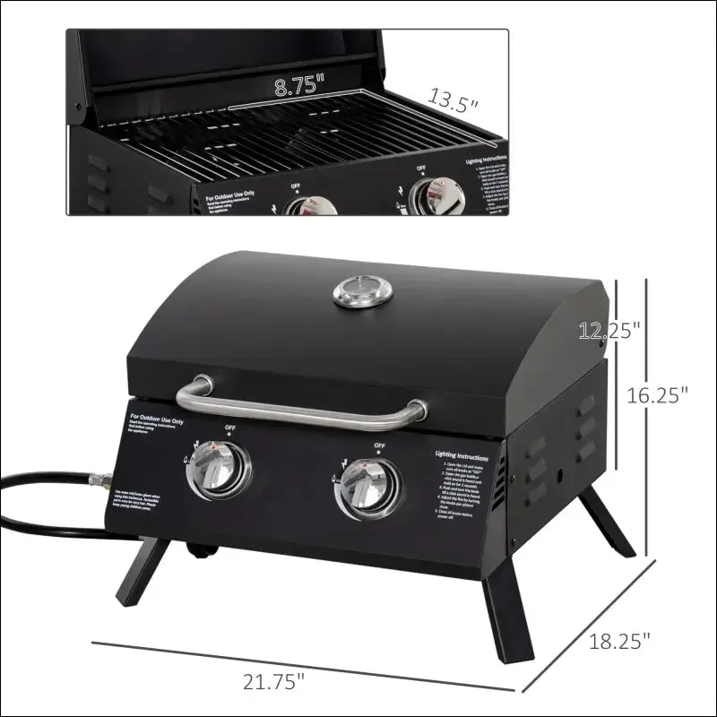 Outsunny 2 burner propane gas grill outdoor portable tabletop bbq with foldable legs, lid,