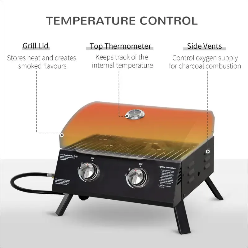 Outsunny 2 burner propane gas grill outdoor portable tabletop bbq with foldable legs, lid,