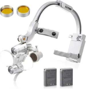 PER4MANCE 3.5X Head-Mounted Dental Loupes with LED Headlamp - Silver, Dual Rechargeable Batteries, and Ergonomic Design for Clear Vision and Comfort