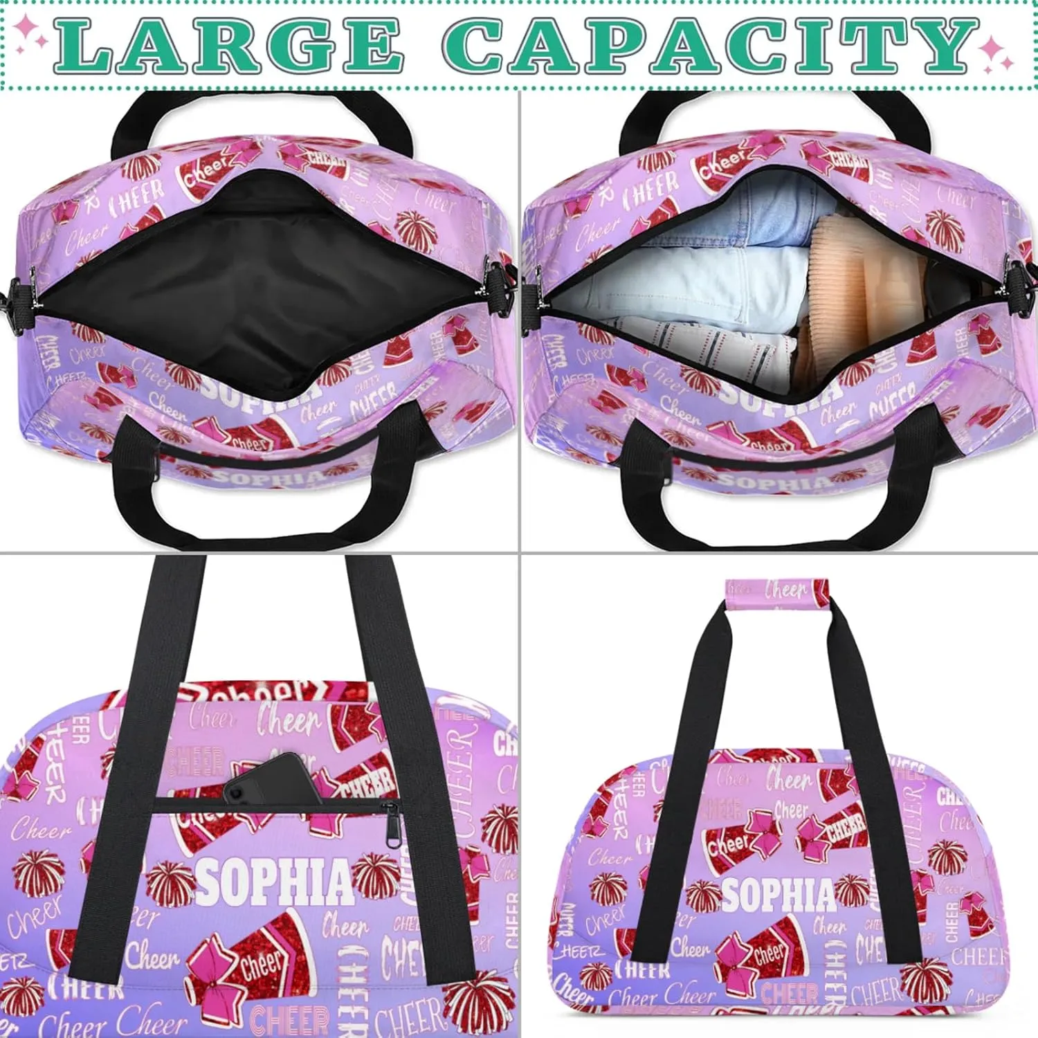 Personalized Dance Cheer Bag, Custom Cheerleading Gym Bag with Name Gradient Pink Light Purple Background Overnight Large Duffel Bag for Train Gymnastics Sports Bag