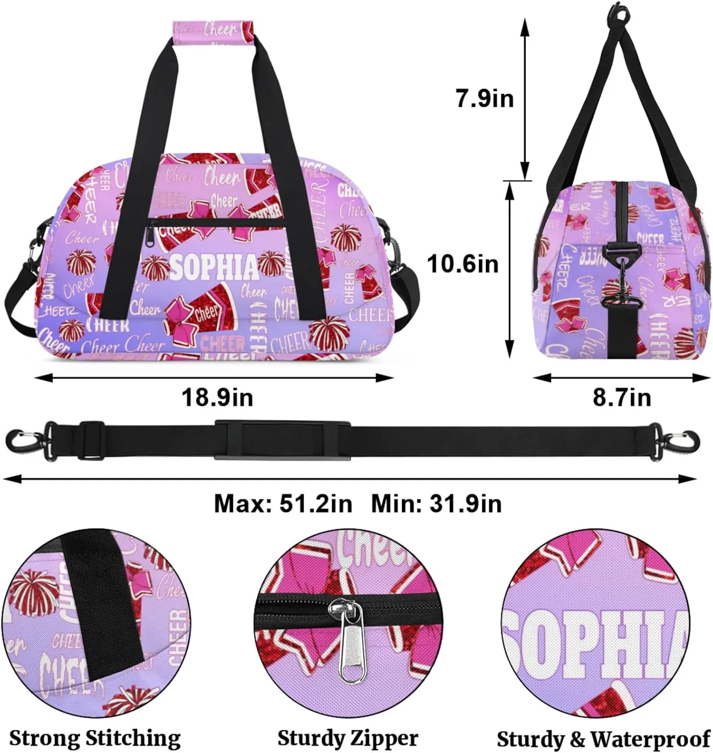 Personalized Dance Cheer Bag, Custom Cheerleading Gym Bag with Name Gradient Pink Light Purple Background Overnight Large Duffel Bag for Train Gymnastics Sports Bag