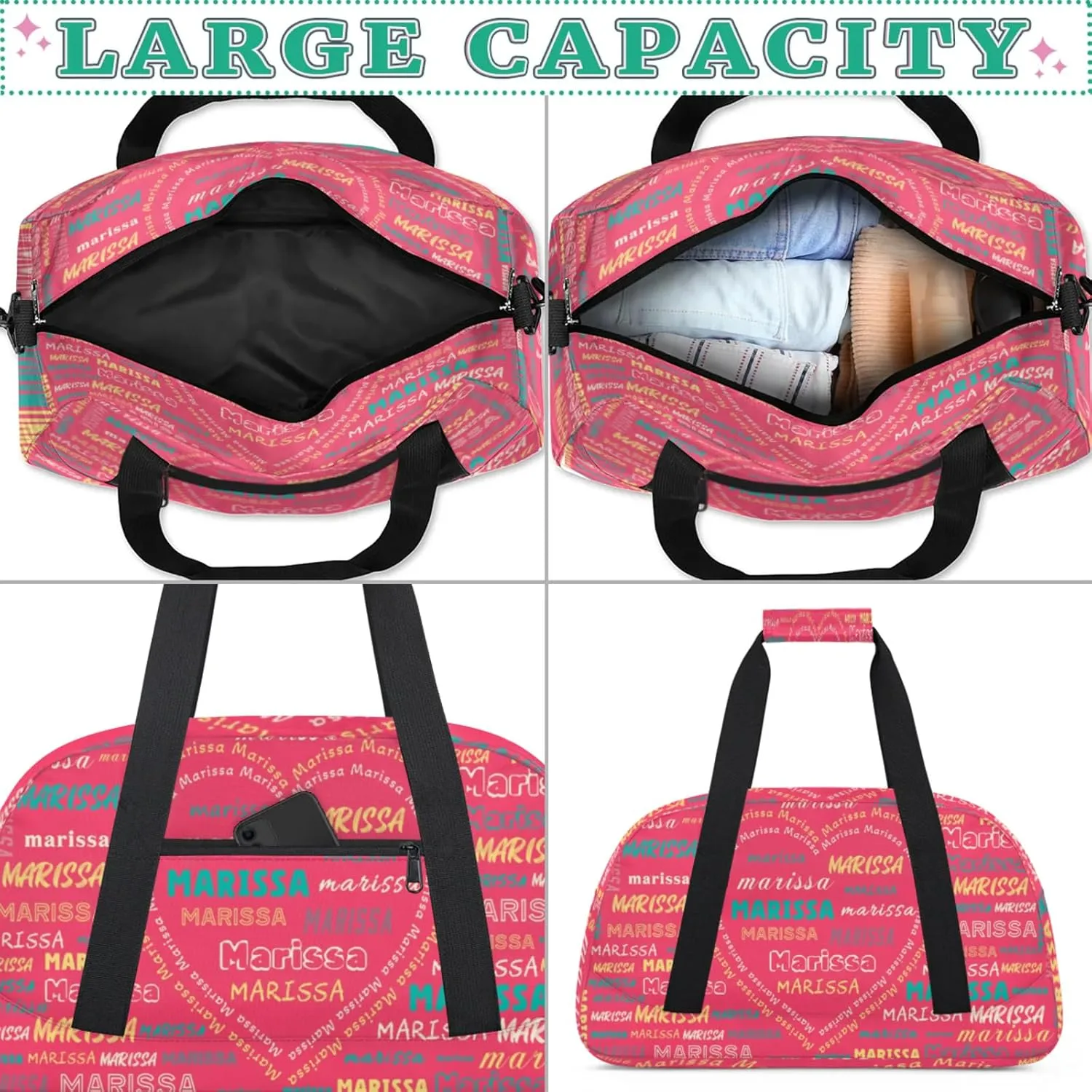 Personalized Kids Sports Duffel Bag with Name Custom Gym Dance Bag for Boys Girls Waterproof Weekender Overnight Bag for Travel Cheerleading Gymnastics Heart Pink Yellow Green