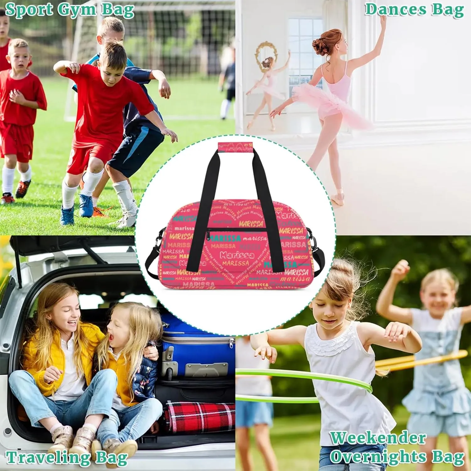 Personalized Kids Sports Duffel Bag with Name Custom Gym Dance Bag for Boys Girls Waterproof Weekender Overnight Bag for Travel Cheerleading Gymnastics Heart Pink Yellow Green