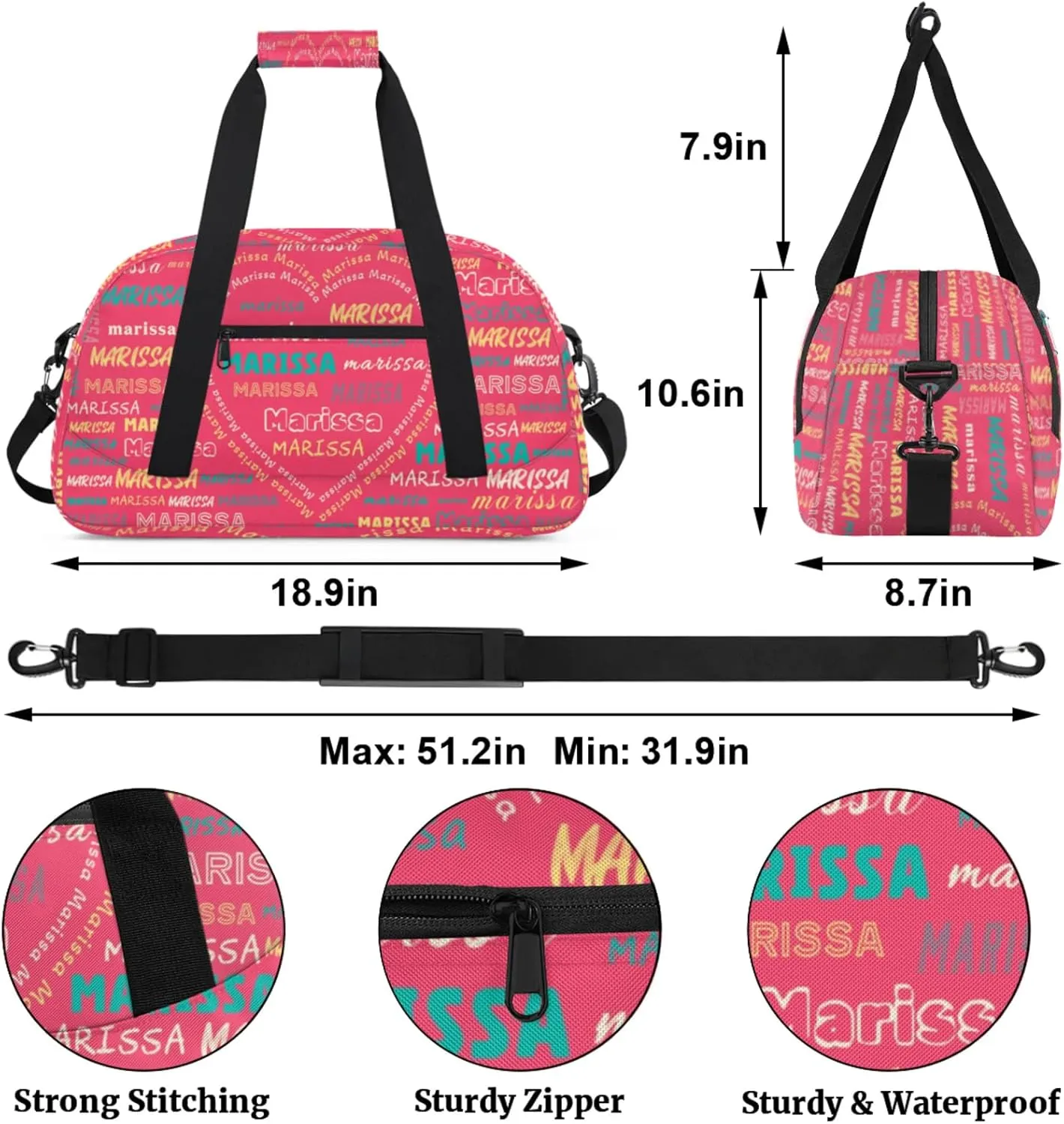 Personalized Kids Sports Duffel Bag with Name Custom Gym Dance Bag for Boys Girls Waterproof Weekender Overnight Bag for Travel Cheerleading Gymnastics Heart Pink Yellow Green