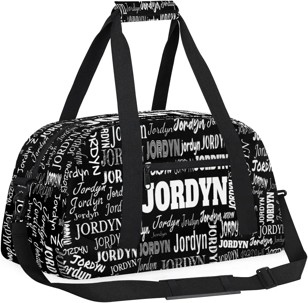 Personalized Name Sports Bag Solid Black, Custom Large Sport Ball Martial Arts Duffel Dance Gym Bag Weekender Bag Sleep Over Travel Duffel Bag