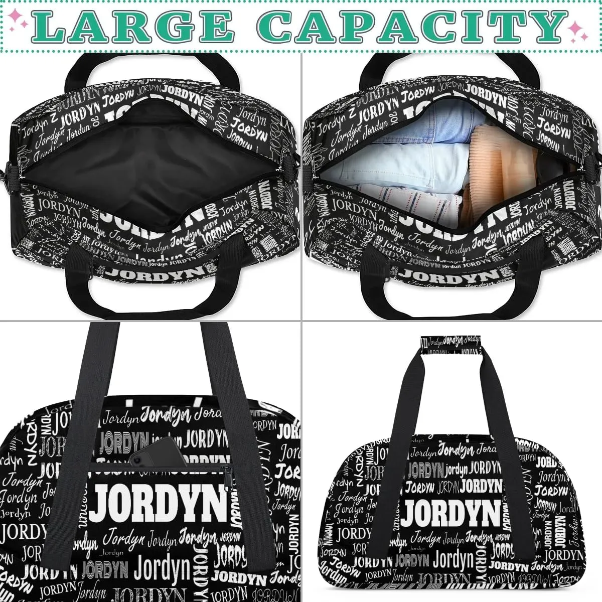 Personalized Name Sports Bag Solid Black, Custom Large Sport Ball Martial Arts Duffel Dance Gym Bag Weekender Bag Sleep Over Travel Duffel Bag