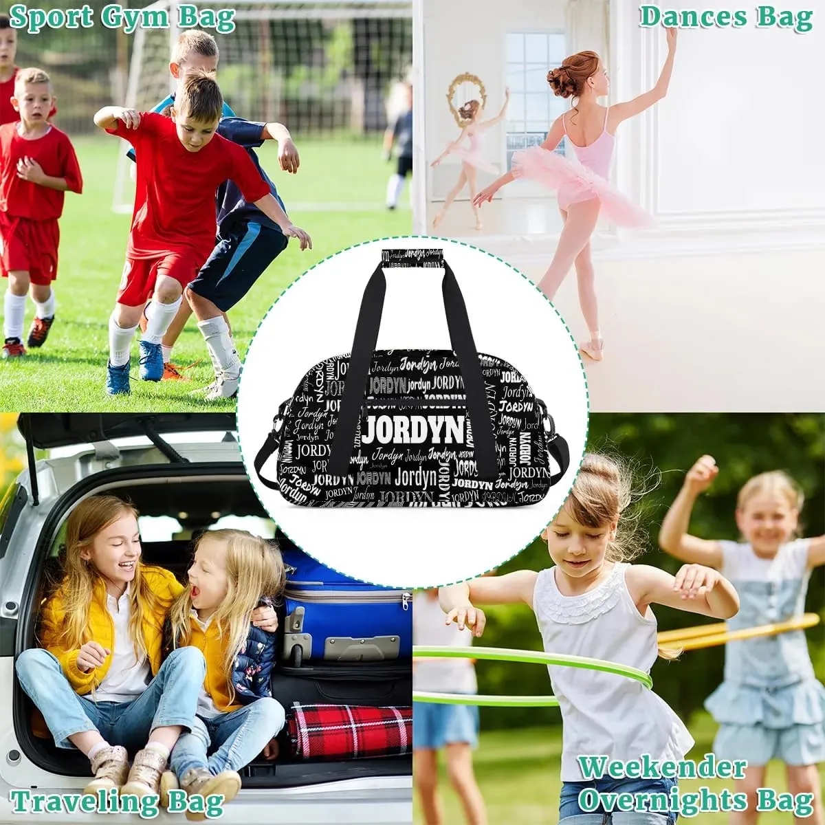 Personalized Name Sports Bag Solid Black, Custom Large Sport Ball Martial Arts Duffel Dance Gym Bag Weekender Bag Sleep Over Travel Duffel Bag
