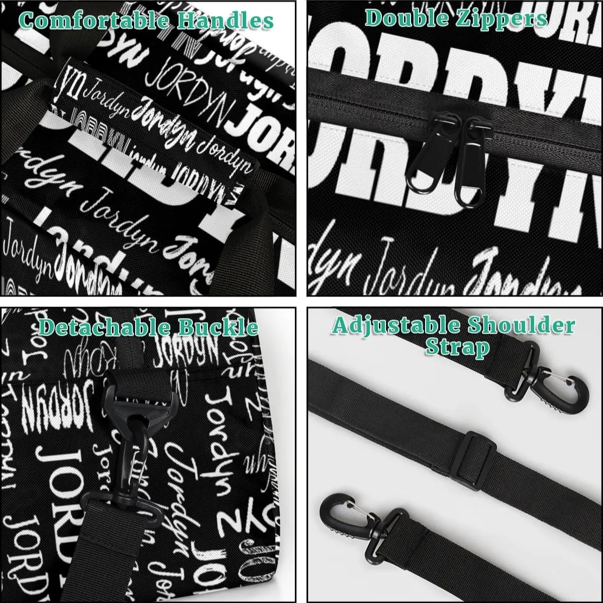 Personalized Name Sports Bag Solid Black, Custom Large Sport Ball Martial Arts Duffel Dance Gym Bag Weekender Bag Sleep Over Travel Duffel Bag