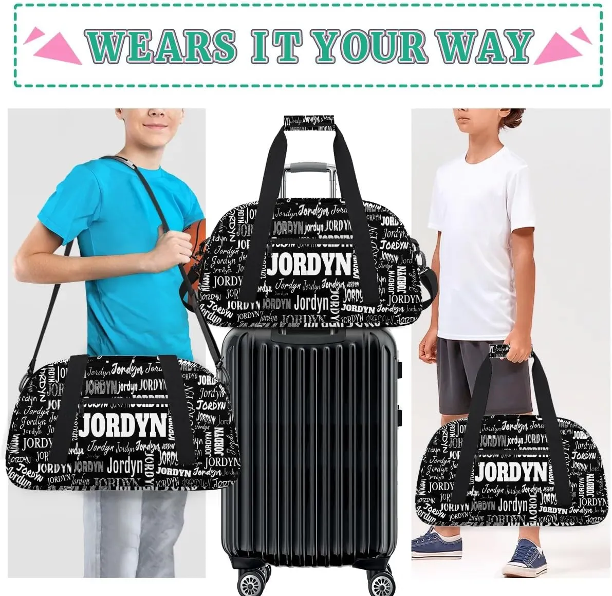 Personalized Name Sports Bag Solid Black, Custom Large Sport Ball Martial Arts Duffel Dance Gym Bag Weekender Bag Sleep Over Travel Duffel Bag