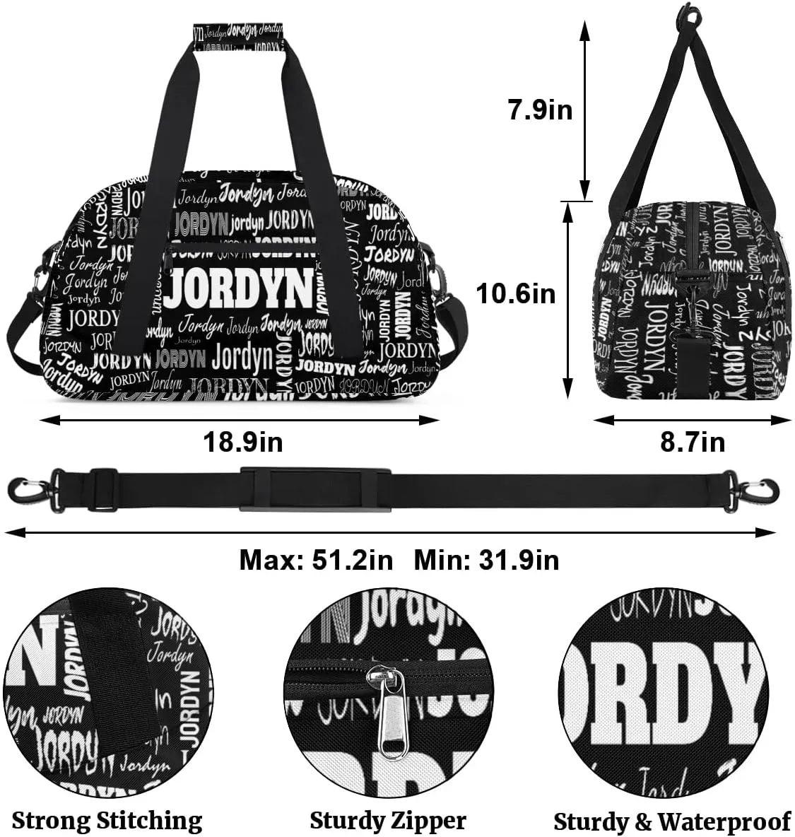 Personalized Name Sports Bag Solid Black, Custom Large Sport Ball Martial Arts Duffel Dance Gym Bag Weekender Bag Sleep Over Travel Duffel Bag