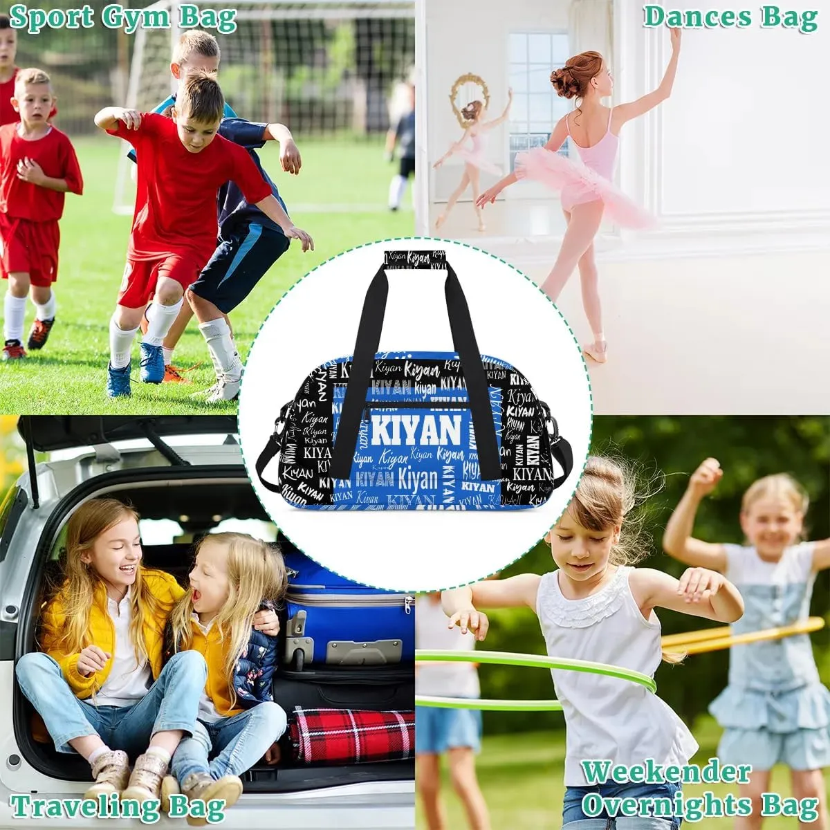 Personalized Sports Soccer Karate Gym Bag, Custom Sport Football Gear Bag Large Compartment Cheerleaders Dance Bag Weekender Bags Cheerleading Travel Bag, Royal Blue with Black Color