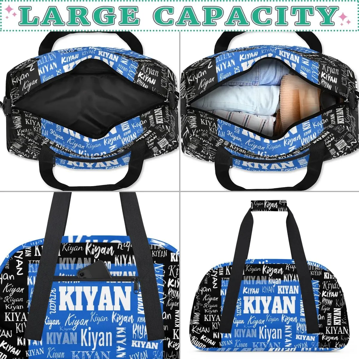 Personalized Sports Soccer Karate Gym Bag, Custom Sport Football Gear Bag Large Compartment Cheerleaders Dance Bag Weekender Bags Cheerleading Travel Bag, Royal Blue with Black Color