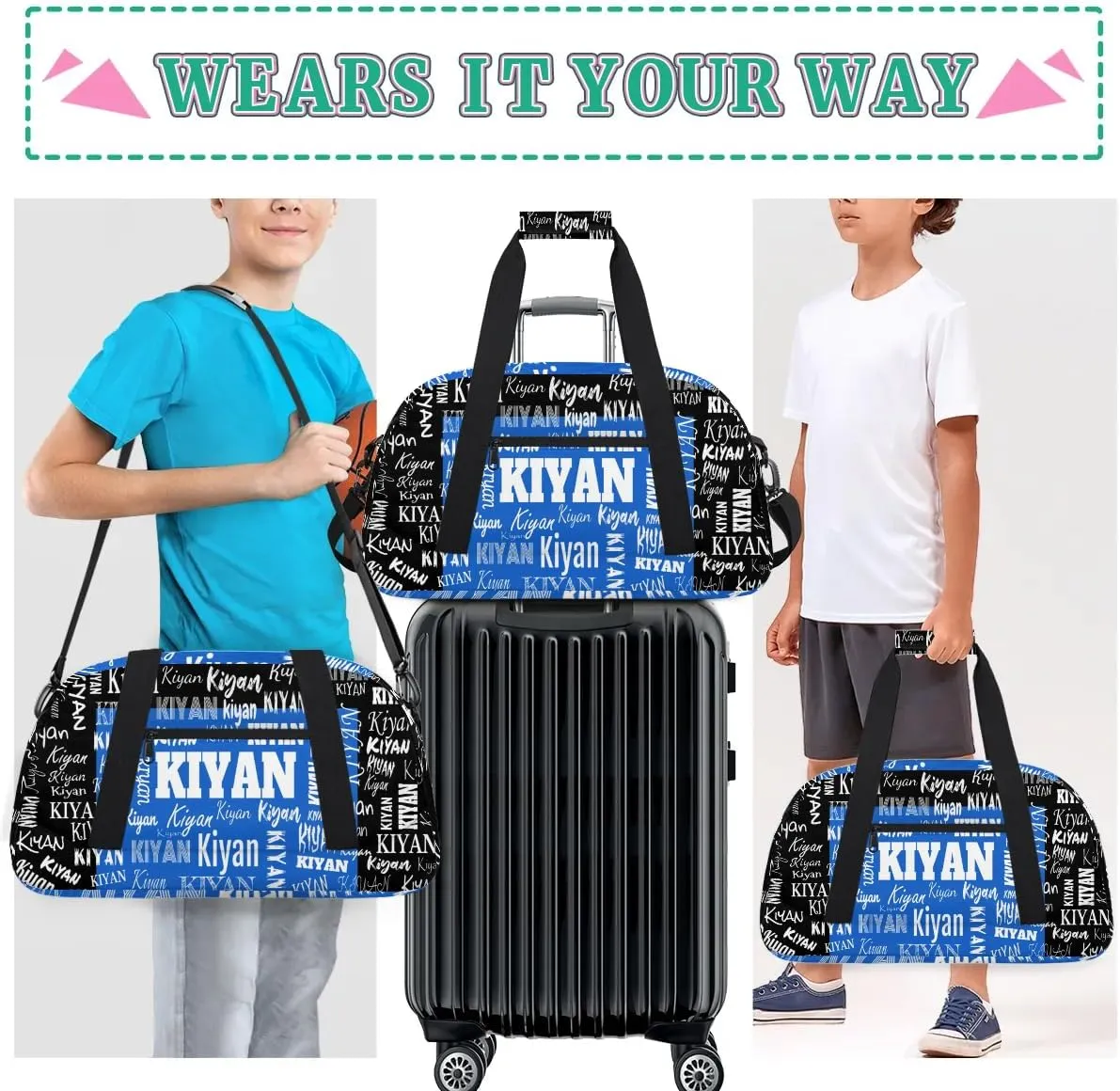 Personalized Sports Soccer Karate Gym Bag, Custom Sport Football Gear Bag Large Compartment Cheerleaders Dance Bag Weekender Bags Cheerleading Travel Bag, Royal Blue with Black Color