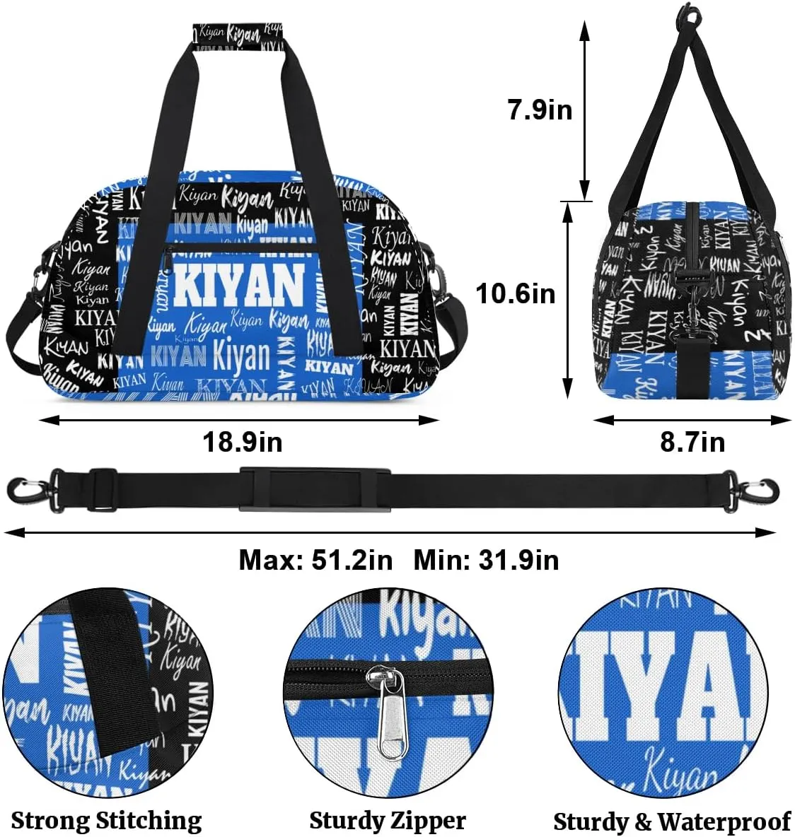 Personalized Sports Soccer Karate Gym Bag, Custom Sport Football Gear Bag Large Compartment Cheerleaders Dance Bag Weekender Bags Cheerleading Travel Bag, Royal Blue with Black Color