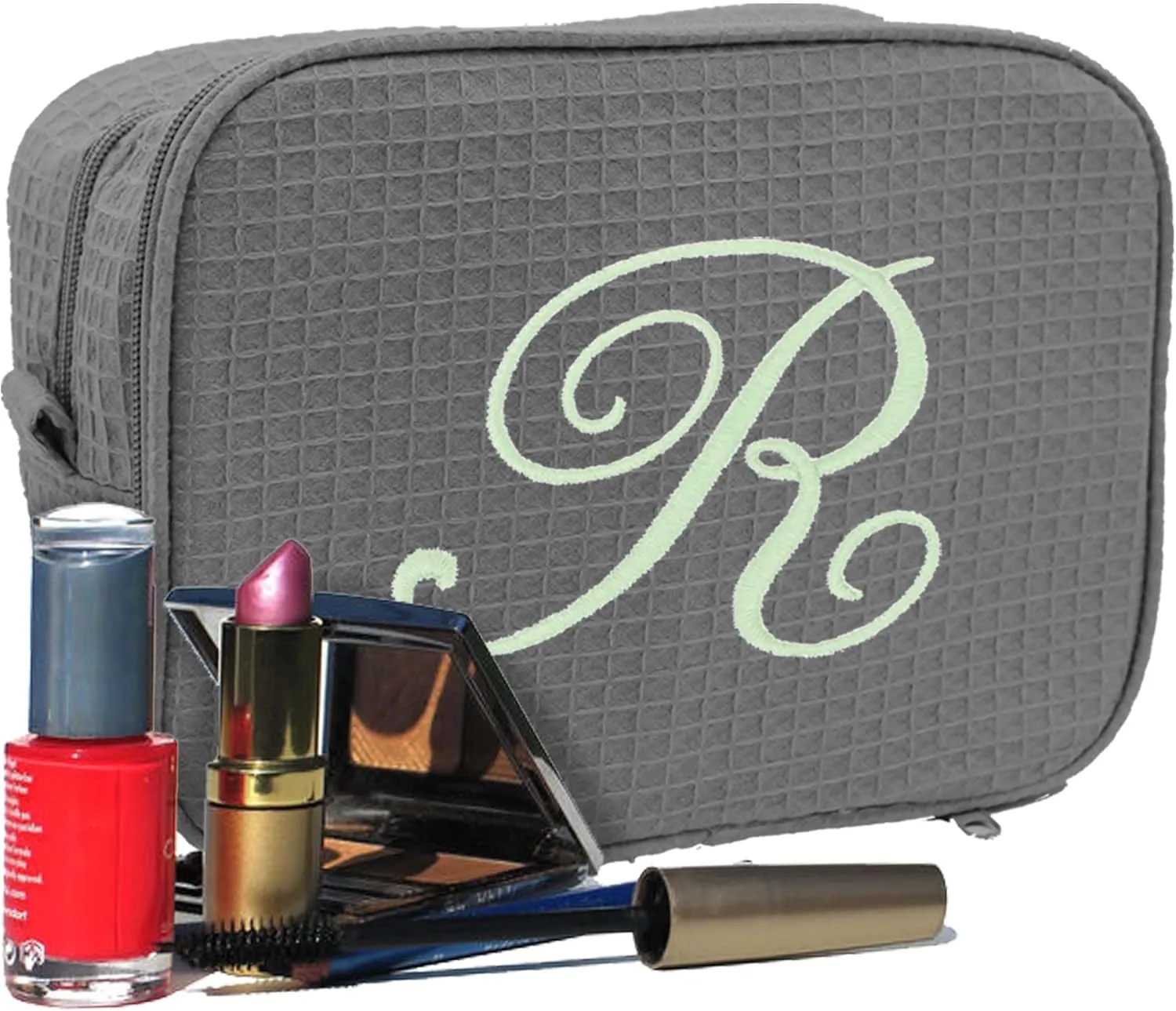 Personalized Waffle Makeup Bag - Monogrammed Cosmetic Make Up Travel Train Case - Custom Embroidered (Grey)