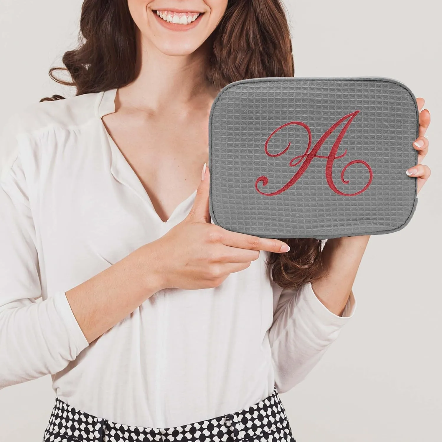 Personalized Waffle Makeup Bag - Monogrammed Cosmetic Make Up Travel Train Case - Custom Embroidered (Grey)
