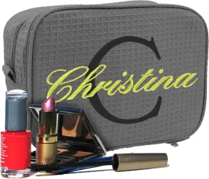 Personalized Waffle Makeup Bag - Monogrammed Cosmetic Make Up Travel Train Case - Custom Embroidered (Grey)