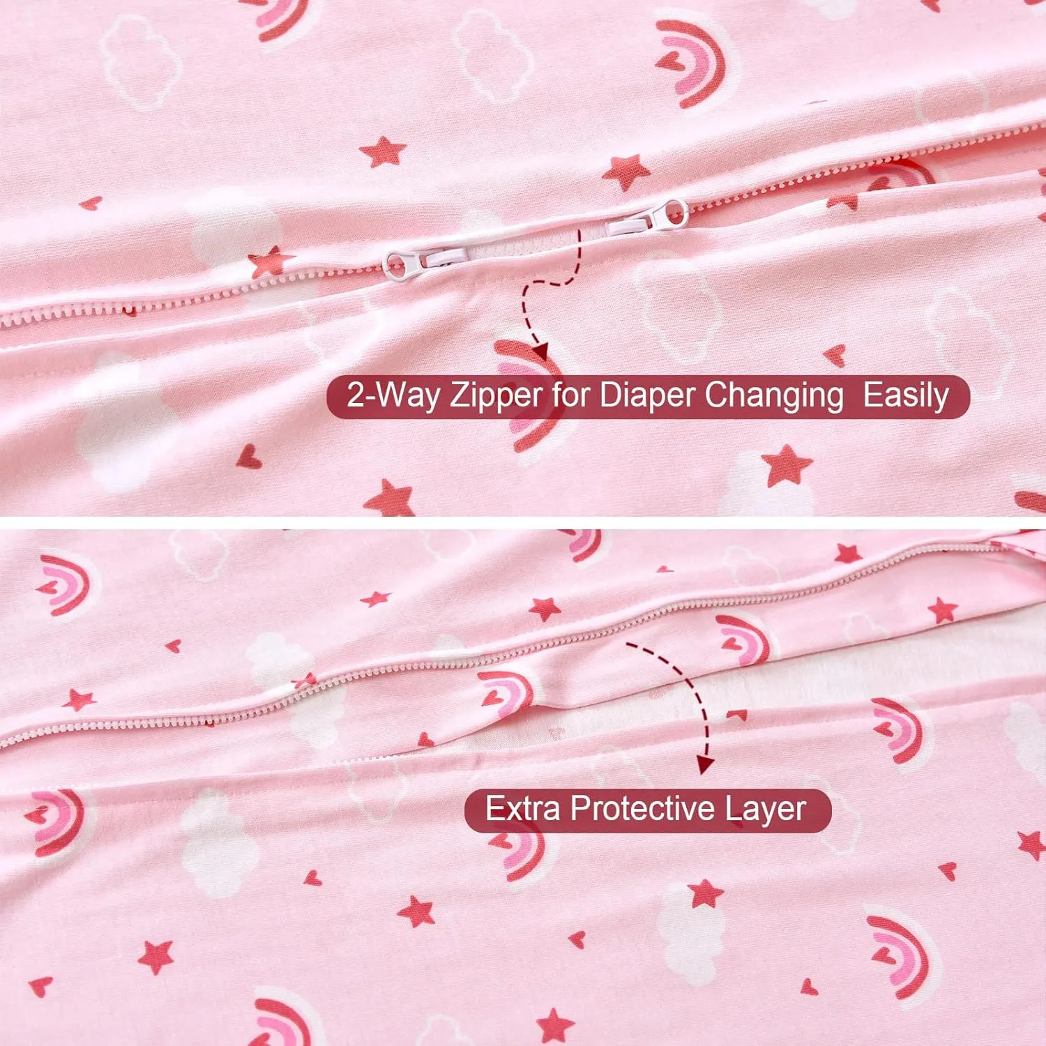 PHF 100% Cotton Baby Sleep Sack, 18-24 Months Baby Wearable Blanket, 2-Way Zipper Toddler Sleeping Sack for Baby Boys Girls, 2 Pack Comfy X-Large Size Sleeveless Sleeping Bags, Rainbow & Pink Elephant