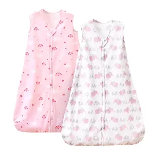 PHF 100% Cotton Baby Sleep Sack, 18-24 Months Baby Wearable Blanket, 2-Way Zipper Toddler Sleeping Sack for Baby Boys Girls, 2 Pack Comfy X-Large Size Sleeveless Sleeping Bags, Rainbow & Pink Elephant