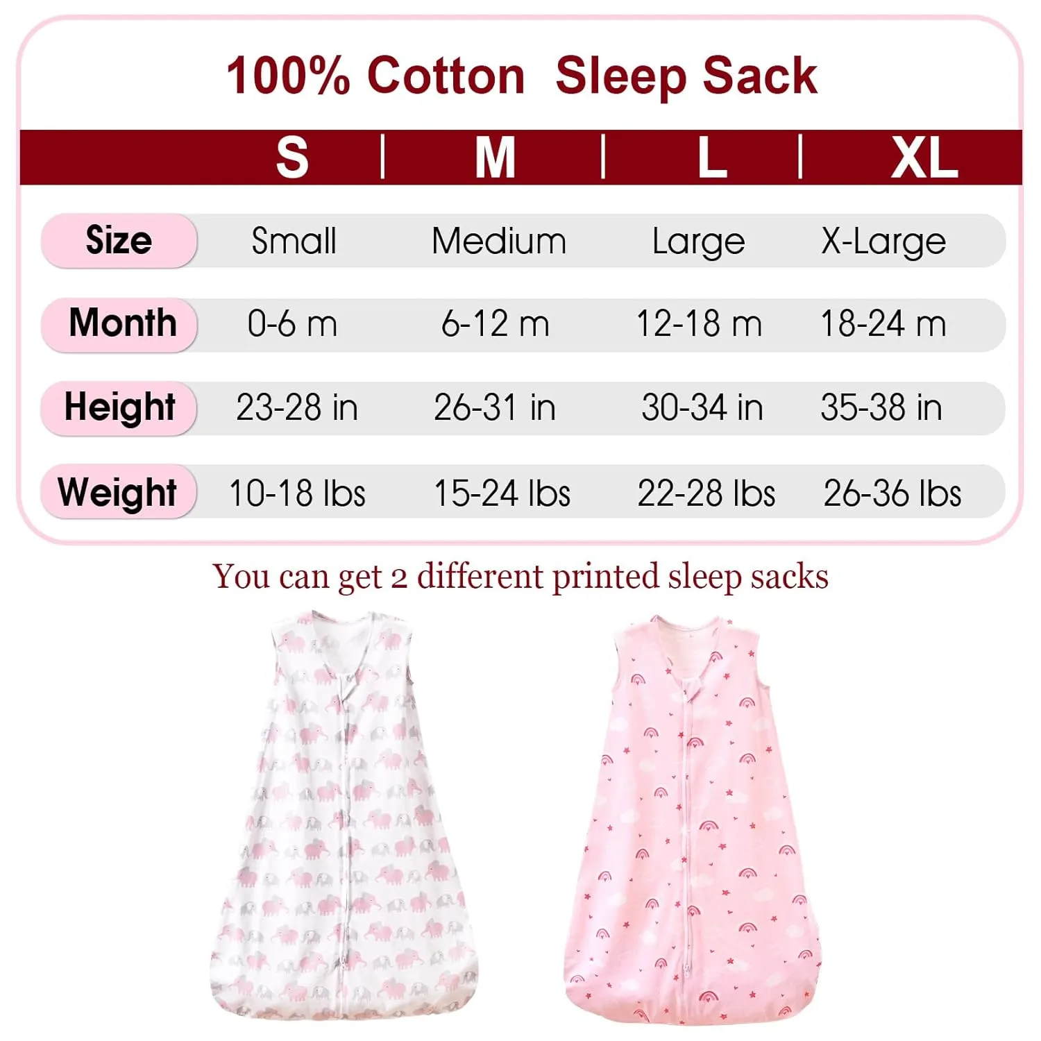 PHF 100% Cotton Baby Sleep Sack, 18-24 Months Baby Wearable Blanket, 2-Way Zipper Toddler Sleeping Sack for Baby Boys Girls, 2 Pack Comfy X-Large Size Sleeveless Sleeping Bags, Rainbow & Pink Elephant