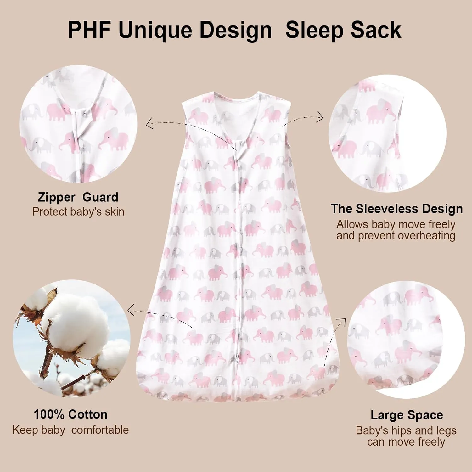 PHF 100% Cotton Baby Sleep Sack, 18-24 Months Baby Wearable Blanket, 2-Way Zipper Toddler Sleeping Sack for Baby Boys Girls, 2 Pack Comfy X-Large Size Sleeveless Sleeping Bags, Rainbow & Pink Elephant