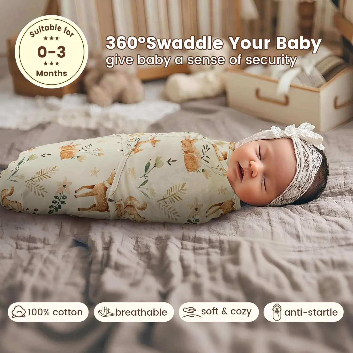 PHF 100% Cotton Baby Swaddle Sleep Sacks for Newborn, 3 Pack Soft Breathable Baby Swaddle Sack 0-3 Months for Boys Girls, Easy Adjustable, Blanket Wrap, Newborn Essentials (Woodland)