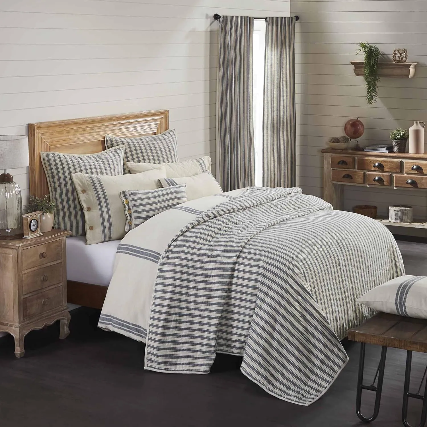Piper Classics Market Place Blue Ticking Stripe Standard King Quilt