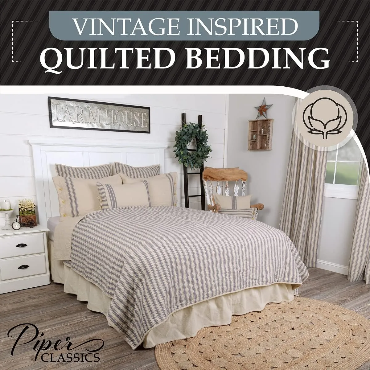 Piper Classics Market Place Blue Ticking Stripe Standard King Quilt