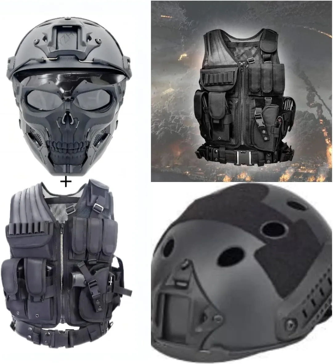 PJ Tactical Fast Helmet and Airsoft Mask Skull Full Mask ，Tactical Vest Outdoor Ultra-Light Breathable Training Vest Kit