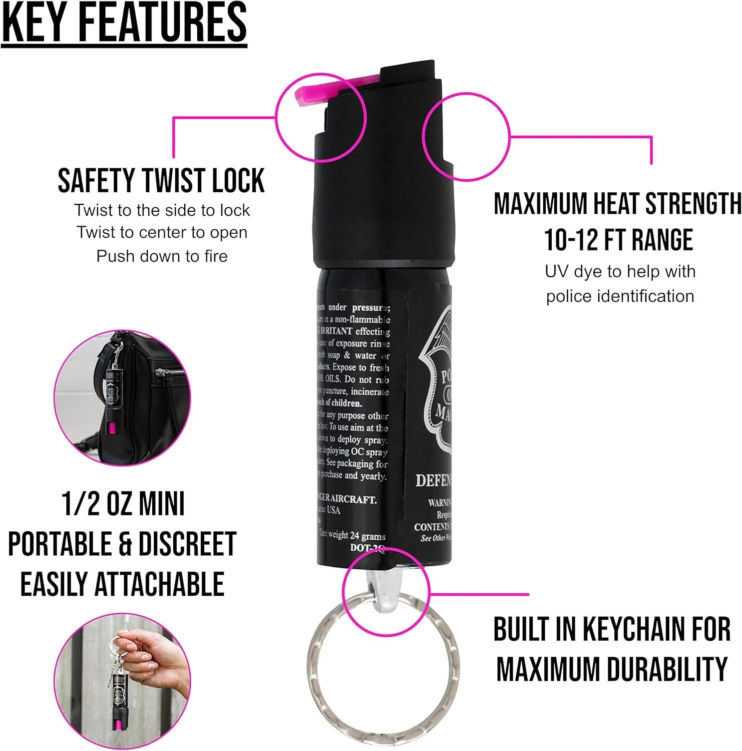 POLICE MAGNUM Mini Pepper Spray Bulk Pack- Max Heat Strength Protection- Made in The USA- 1/2oz Twist Lock Keyrings