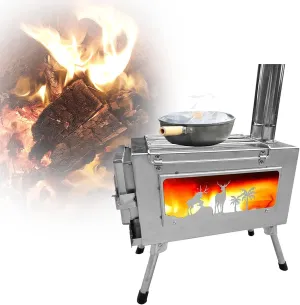 Portable Outdoor Wood Burning Stove, Camping Tent Stove with Chimney Pipes Open Top Cover Stable Bracket Adjustment Fire Window Design Side Window, for Keeping Warm Cooking