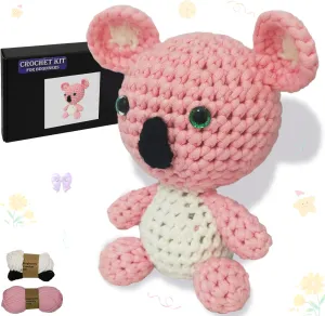 Posurry Crochet Kit for Beginners Animals. Suitable for Adults and Kids. The Customized Yarn is Ideal for Women Beginners.,Includes Detailed Video Tutorials and Ilustrations,It's a Cute Pink Koala