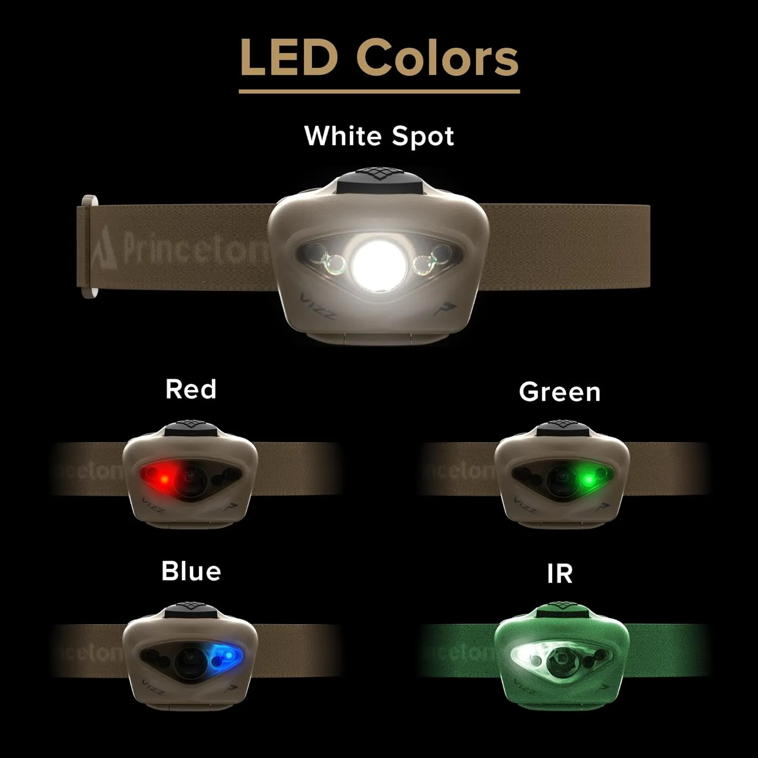 Princeton Tec Vizz Headlamp 550 Lumen Dimmable LED, IPX7 Water Resistance, Essential Outdoor Accessory for Hiking, Backpacking, Camping, Running, and Safety Preparedness, Tan, Tactical