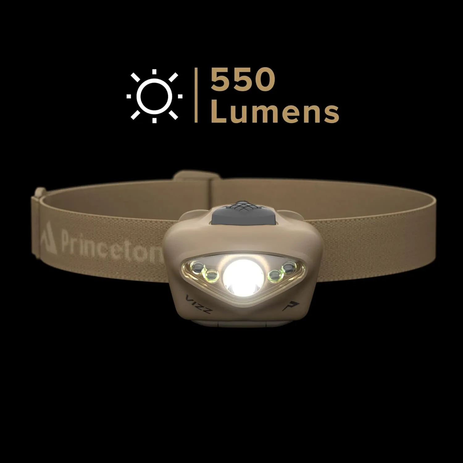 Princeton Tec Vizz Headlamp 550 Lumen Dimmable LED, IPX7 Water Resistance, Essential Outdoor Accessory for Hiking, Backpacking, Camping, Running, and Safety Preparedness, Tan, Tactical