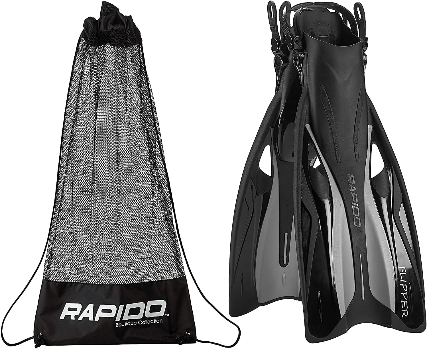 Rapido Boutique Collection Flipper Open Heel Adjustable Snorkel Fin with Snorkeling Gear Carry Bag, Easy Packing and Traveling Snorkeling Swim Fins for Men and Women
