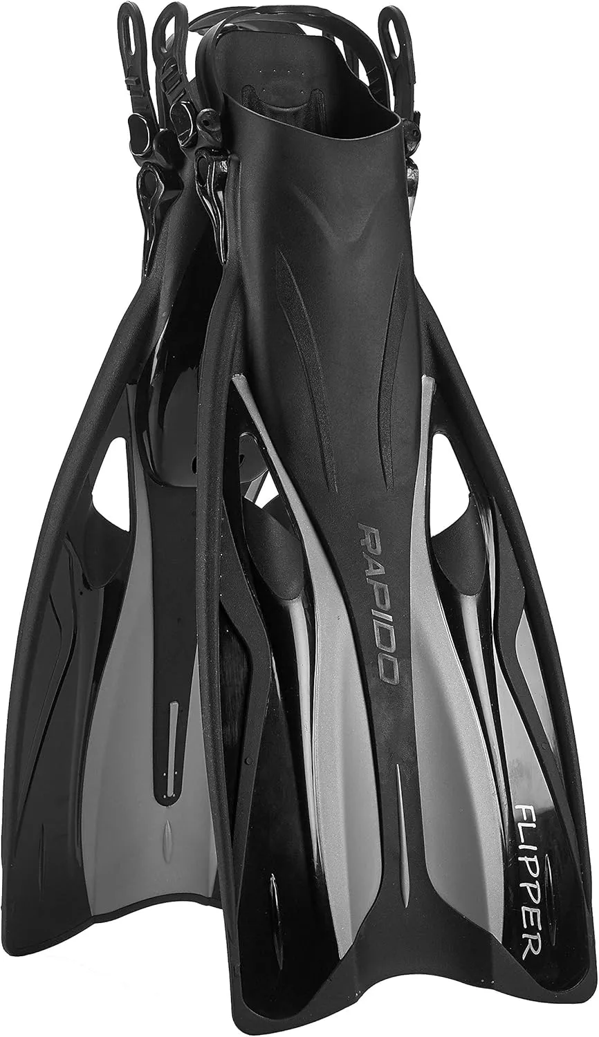 Rapido Boutique Collection Flipper Open Heel Adjustable Snorkel Fin with Snorkeling Gear Carry Bag, Easy Packing and Traveling Snorkeling Swim Fins for Men and Women