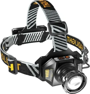 Rechargeable LED Headlamp, High Intensity 990,000 Lumens, 13 Modes, Motion Sensor, Zoomable, 60Hour Runtime, IP67 Waterproof, 90° Adjustable, Ideal for Camping, Hiking, Fishing, Hard Hat