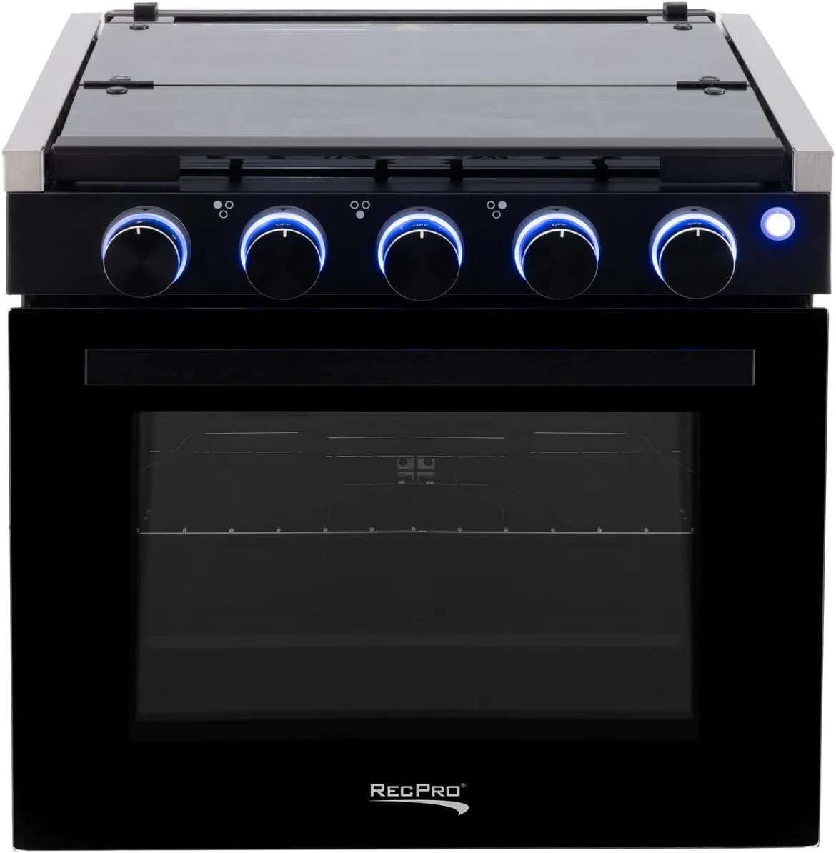 RecPro RV Stove Black Finish | Gas Range 21" Tall | 6500 and 8000 BTU Three Burner | 7100 BTU Oven with 1.8 Cu. Ft Capacity | Optional Vented Range Hood