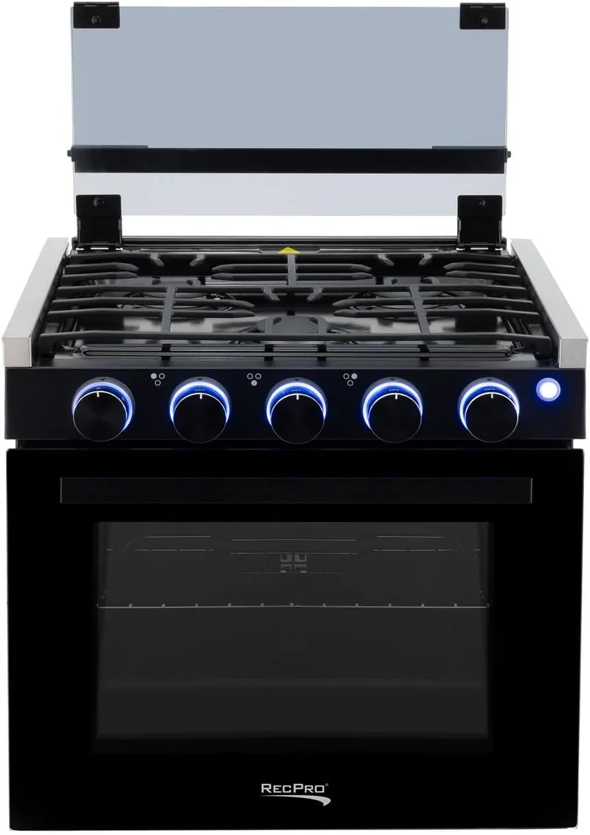 RecPro RV Stove Black Finish | Gas Range 21" Tall | 6500 and 8000 BTU Three Burner | 7100 BTU Oven with 1.8 Cu. Ft Capacity | Optional Vented Range Hood