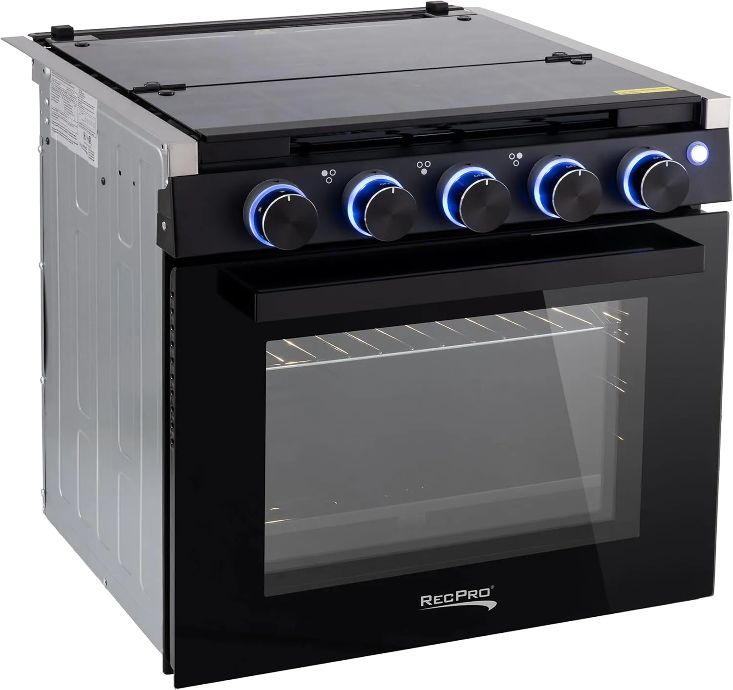 RecPro RV Stove Black Finish | Gas Range 21" Tall | 6500 and 8000 BTU Three Burner | 7100 BTU Oven with 1.8 Cu. Ft Capacity | Optional Vented Range Hood